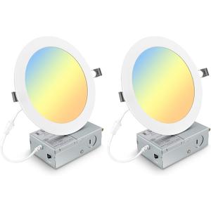 Elaruslux 2 Pack 7 Inch 3CCT Ultra-Thin LED Recessed Light with Junction Box, 3000K/ 4500K/ 6000K Selectable, 18W Eqv 125W, Dimmable Canless Downlight, 1600LM High Brightness