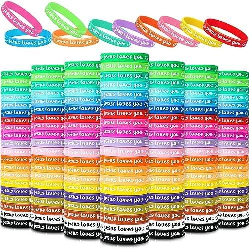 Jerify 200 Pcs Jesus Loves You Silicone Bracelet Christian Wristbands Bulk Bible Verse Rubber Bracelet Religious Colorful Bands for Party Favors Gifts Prizes(Fresh Style)