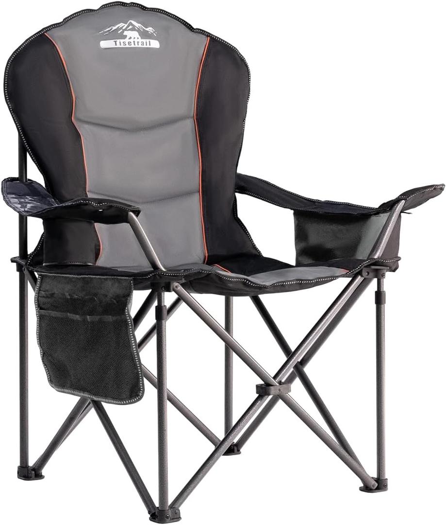 Oversized Camping Chair Folding Chair with Cooler Padded Outdoor Chairs Heavy Duty Support 500 LBS Steel Frame Collapsible Arm Chair with Cup Holder Black&Gray