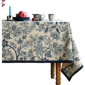 French Floral Tablecloth for Rectangle Tables,Linen Table Cloth with Blue Flowers Pattern,Heavy Durable Table Cover for Dining Kitchen Decor Party Banquet Christmas, 63"*102"