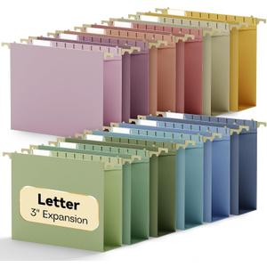 Plastic High Capacity Hanging File Folders,12 Pack Heavy Duty 3" Expanding Hang Accordian Folder Letter Size,Sturdy Filing Cabinet Folder with Tabs,Pastel Work Hanging Organizer for Bulky File