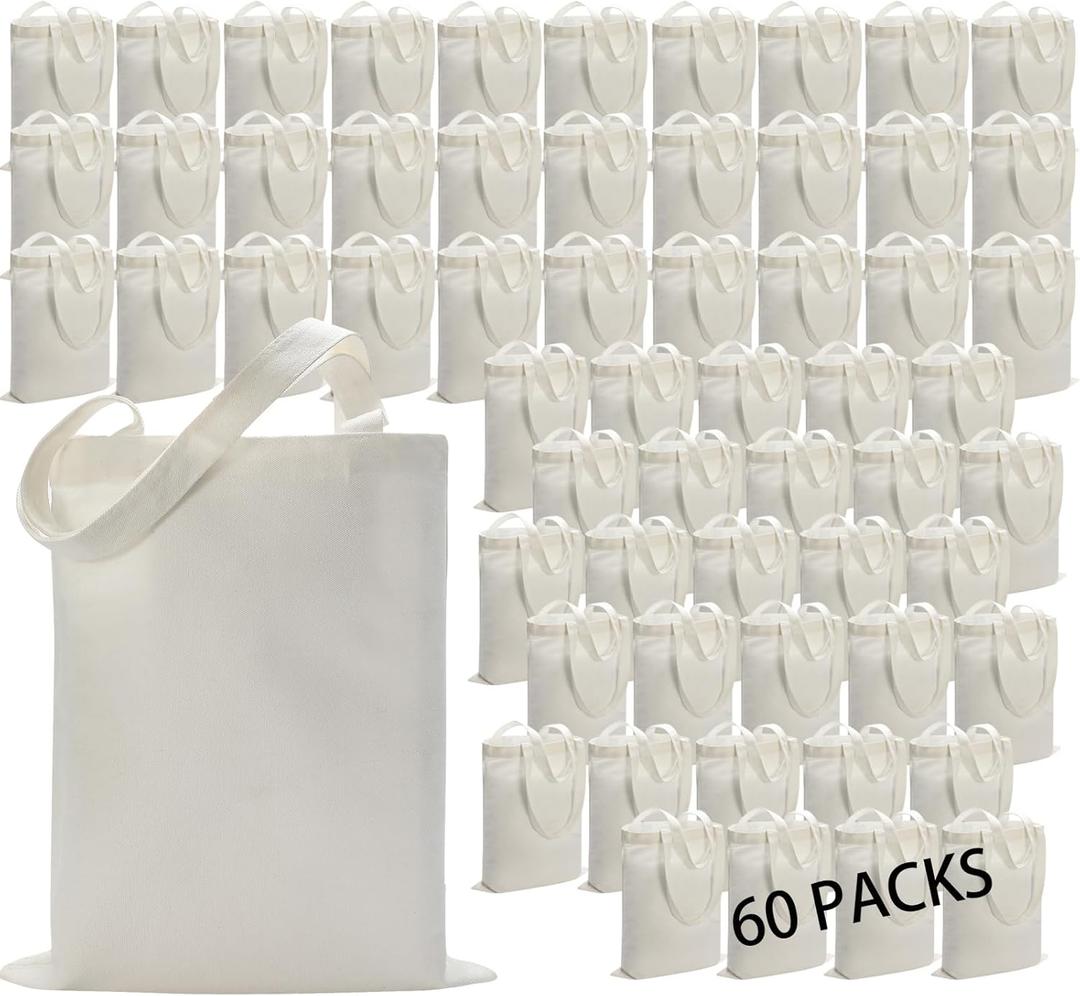 WHEATHUSK 60 Pack Sublimation Tote Bags Blank Canvas Tote Bags Reusable Polyester Grocery Bags for Heat Transfer Vinyl DIY Crafting White, 14x16 Inch