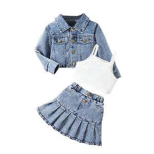 MakeMeChic Girl's 3 Piece Fall Outfits Cami Crop Top Long Sleeve Denim Jacket and A Line Jean Skirt Set Blue 6 Years