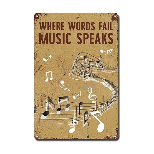 Ymyoo Metal Sign Tin Sign Vintage Wall Art Musical Notatin Where Words Fail Music Speaks Garage Sign for Bar 8x12inches Pack of 2