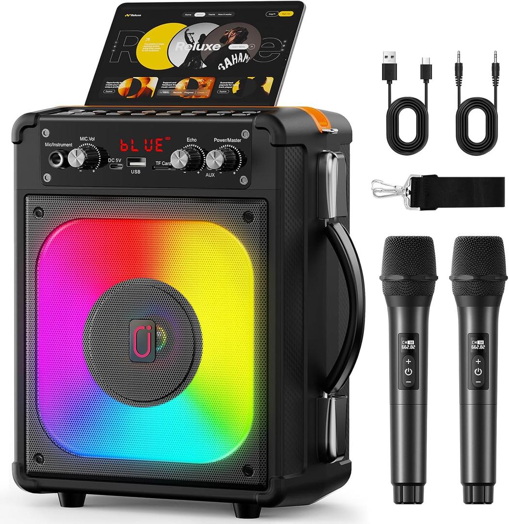 Karaoke Machine, Portable Bluetooth Speaker with 2 Wireless Microphones for Adults & Kids,Singing Machine for Parties and Gatherings, PA System Supports TWS/USB/TF/REC/AUX and TV Connected