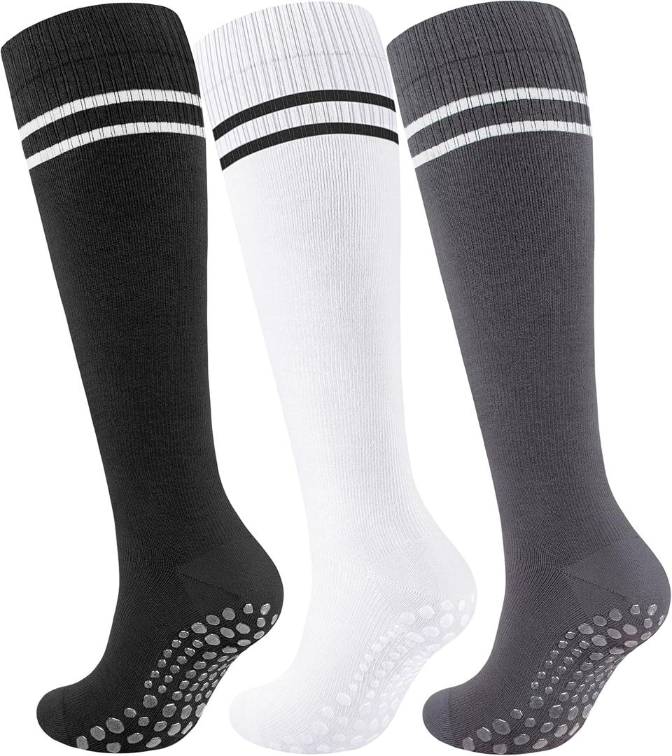 Cotton Compression Socks Women&Men with Grips Non Slip 15-20mmHg Knee High Graduated Sock for Nurse, Pregnancy, Yoga (Large-X-Large, 02-3 Pairs-black White Gray)