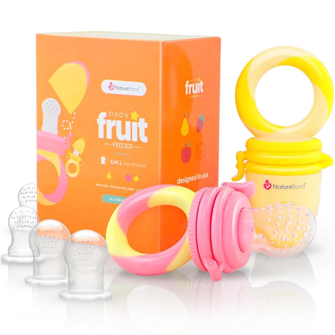 NatureBond Baby Food Feeder/Fruit Feeder Pacifier Nibbler (2 Pack) - Infant Teething Toy Teether Weaning in Appetizing Colors | + Additional Silicone Sacs (Peach Pink and Lemonade Yellow)