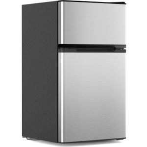 3.1 Cu.Ft Mini Fridge with Freezer, 2 Door Compact Refrigerator, Mini Fridge with Adjustable Removable Glass Shelves for Bedroom, Office, Dorm or Apartment, Stainless Steel (Silver)