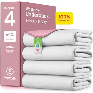 IMPROVIA Washable Underpads, Heavy Absorbency Reusable Incontinence Pads for Kids, Adults, Elderly, and Pets - Waterproof Protection Floor White & Pink (4 Pack - 34x36)