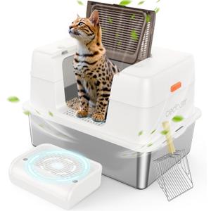 Stainless Steel Cat Litter Box with Lid,Large Enclosed High Side Metal Cat Litter Box with Pedals Suitable for Big Cats,Non-Sticky,Odor-Free,Easy to Clean Anti-Leakage(Silver)