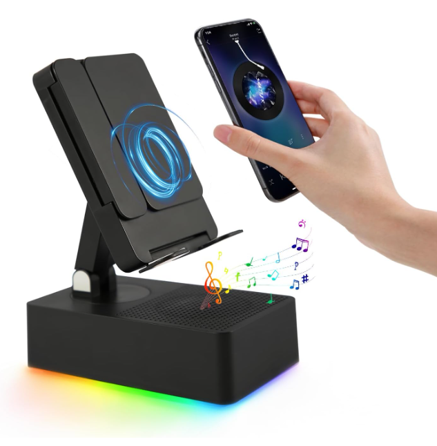 TuneEIf Wireless Induction Bluetooth Speaker, 5in1 Foldable Phone Holder, 1500mAh Emergency Charging, Colorful LED Ambient Light, Tech Gadgets Gifts for Men Women, for iPhone Android Tablet, Black
