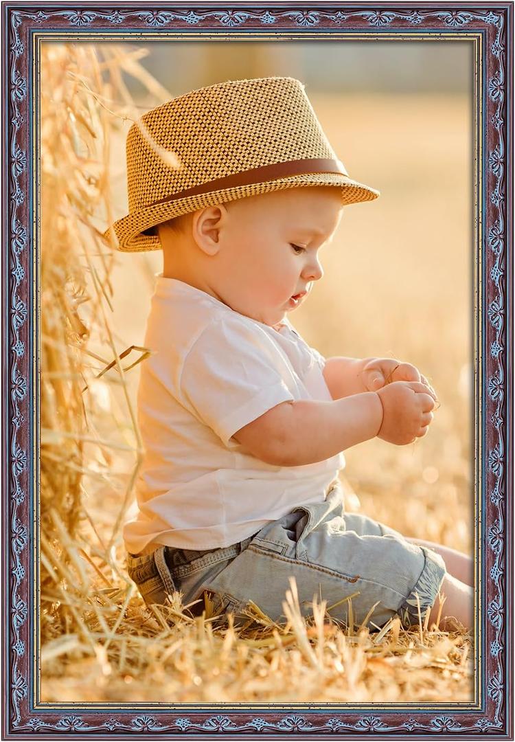 20x30 Wood Frame Brown Blue, Vintage 30x20in Floral Picture Frames, 20 x 30inch Gallery Photo Pic Display with HD Plexiglass, 1.4in Widen 1in Thick, Horizontal Vertical Wall Display