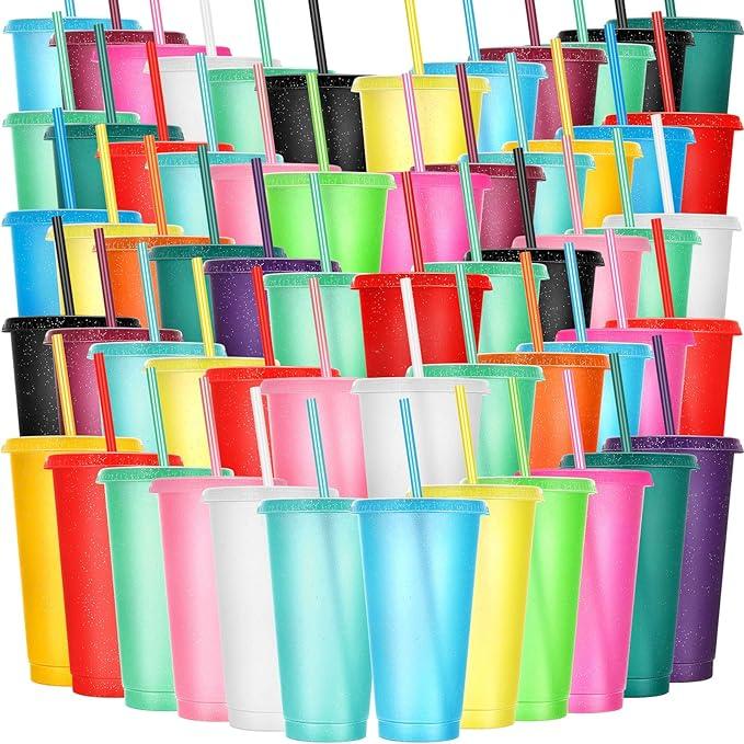 Honeydak 60 Pack Tumbler with Straw and Lid Bulk Cups for Gifts Glitter Plastic Coffee Cups 24-27 oz Reusable Water Bottle Iced Coffee Travel Mug Party Favors for Birthdays Travel (Transparent)