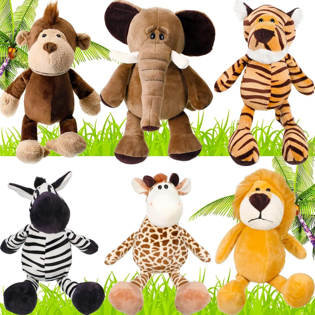 Zhanmai 6 Pieces Safari Stuffed Animals Plush Jungle Animal Toys Set for Boys Girls, Lion Elephant Zebra Giraffe Tiger Monkey for Animal Themed Parties Student Award