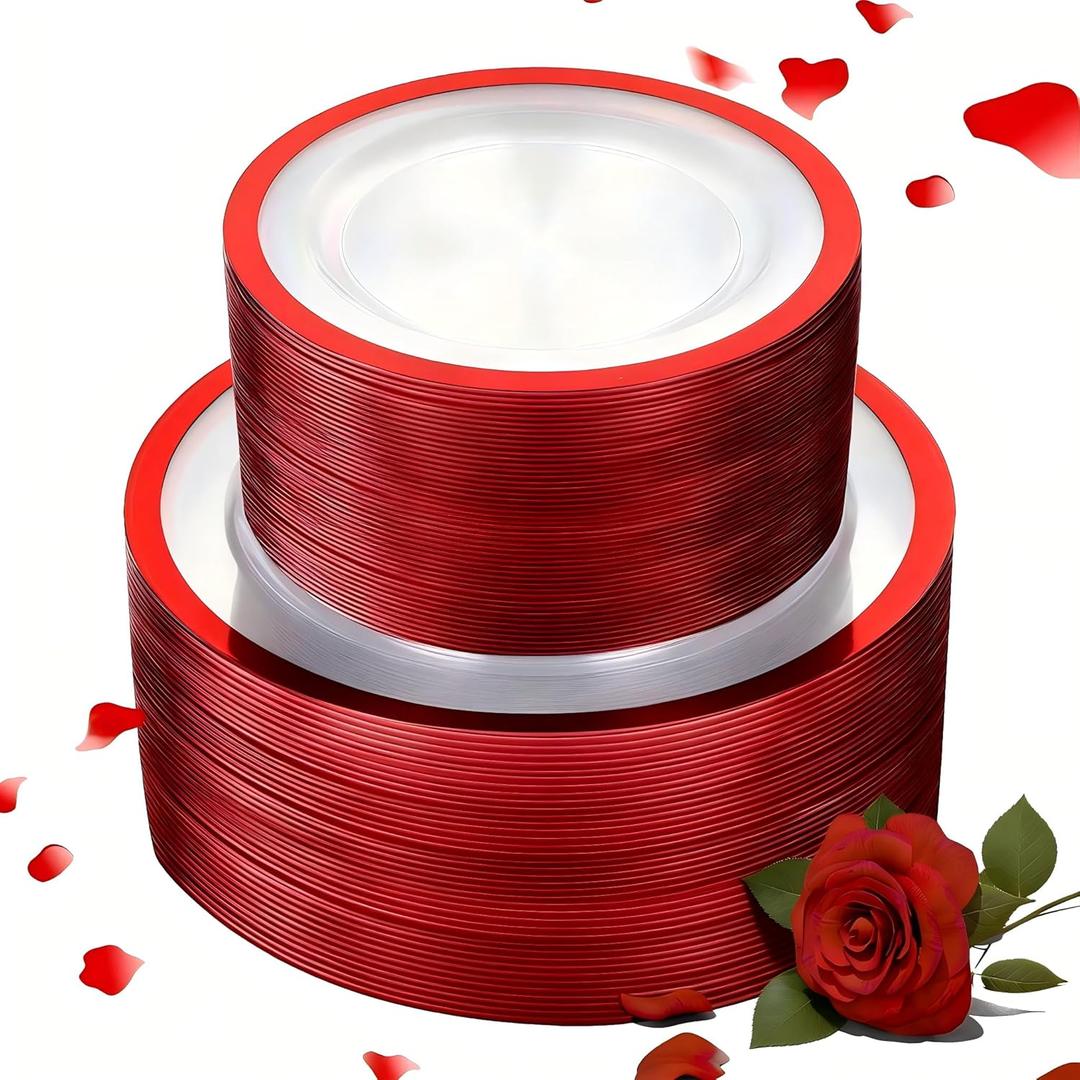 U-QE 120PCS Red Plastic Plates for Party - Red Plates Disposable Heavy Duty - Fancy Disposable Plates Include 60 10" Dinner and 60 7" Dessert Plates for Party, Mother's Day & Special Moments