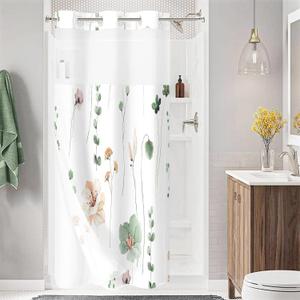 Gibelle Small Stall No Hook Floral Shower Curtain with Snap-in Fabric Liner Set - 36" x 74"(72"), Hotel Style Sage Green Beige Flower Shower Curtain with See Through Top Window, Waterproof & Washable