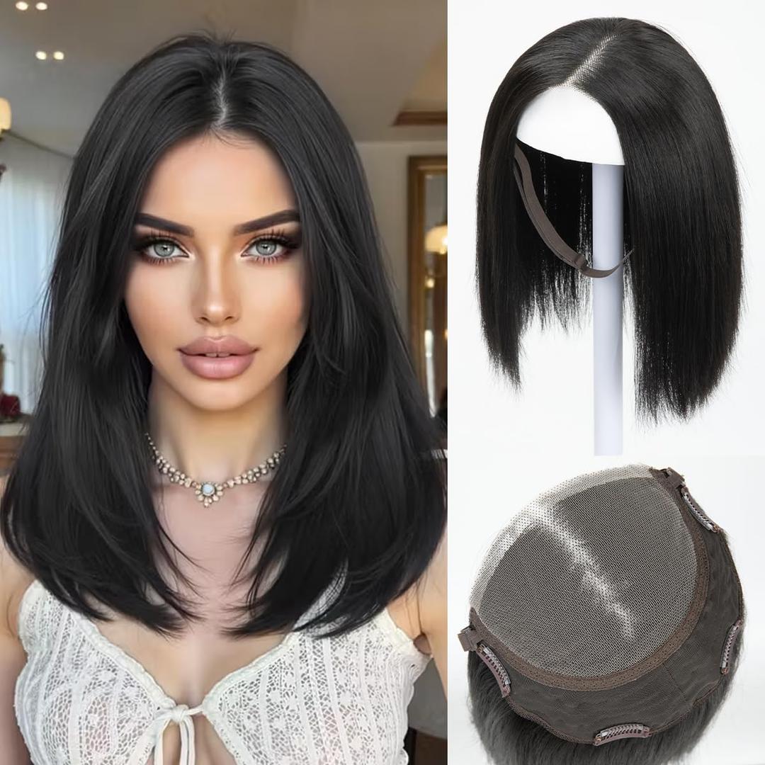 Lace Front Hair Toppers with Band for Women 5.5x4 Pre-cut Closed Lace Hairline Synthetic Straight Hair Wear and Go Glueless Toppers for Beginners Black