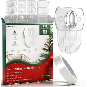 100 Clips + 120 Adhesive Strips, Clear Mini Light Clips, Strips Hooks, Small Self-Adhesive Hooks, Indoor Christmas/Festival Decoration,Hooks Small