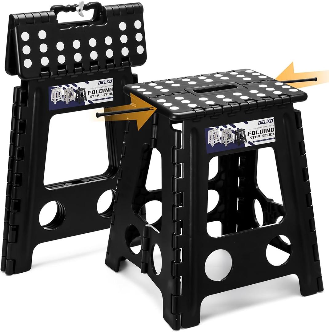 Delxo 16 Inch Folding Step Stool,Foldable Stool for Adults with Safety Lock,Portable Collapsible Plastic Stepstool,Non Slip Folding Stools for Kitchen Bathroom Bedroom Up to 400LBS,(Black 1PC)