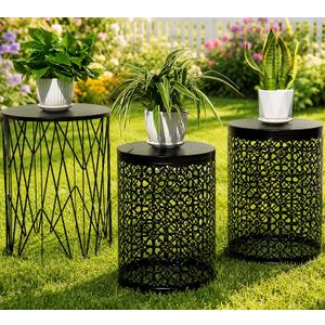 Y&M Outdoor Side Tables, Set of 3 Metal Stacking Patio Side Tables for Outside, Round Indoor End Tables, Coffee Accent Poolside Tables for Patio Garden Balcony, Black