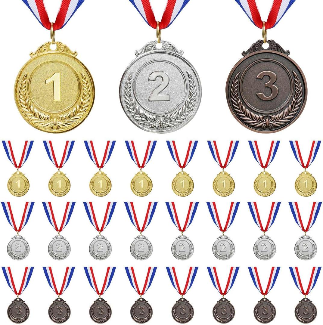 24 PCS Gold Silver Bronze Award Medals with Ribbons Victor Medals for 1st 2nd 3rdMedals for Awards Prepared to Sports Competitions Party Olympic Decorations and Olympic Style 2 Inches