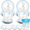 Zhehao 350 Pcs One Silly Goose Birthday Party Tableware Set Blue Bow Scalloped Baby Shower Plates Cup Napkins Forks for Birthday Party Decorations Supplies for 50 Guests