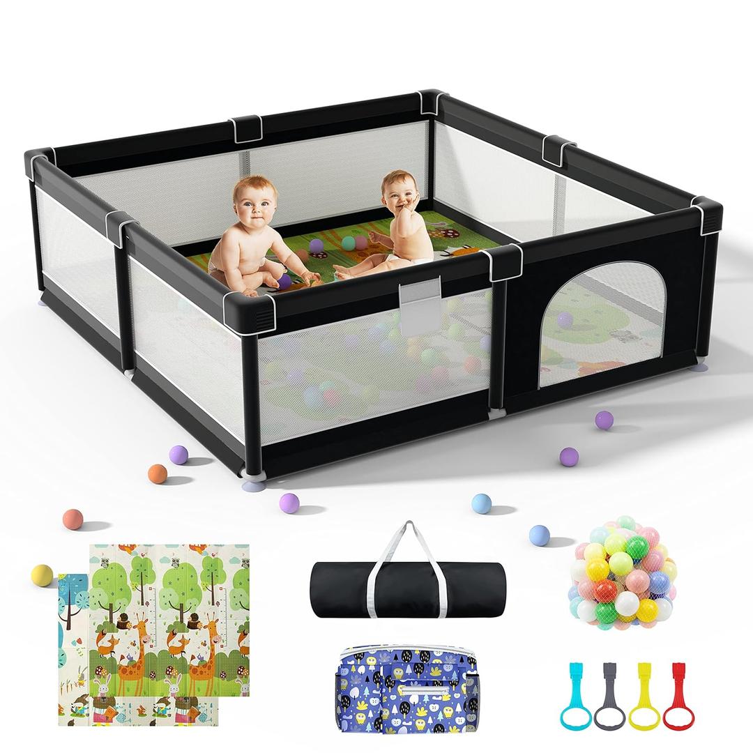 LUTIKIANG Extra Large 79" x 71" Baby Playpen with Mat, Baby Gate Play Yard, Portable Toddler Playpen, Large Play Pen for Babies, Mat Included, Play Area for Babies and Toddlers (Black)