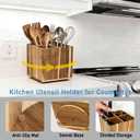 Wooden Utensil Holder for Kitchen Counter, Non-Slip Large Acacia Wood Organizer with 4 Compartments, 360 Rotating Cooking Utensil Holder