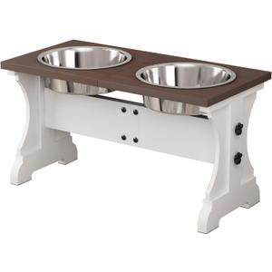 Piskyet Elevated Dog Bowls,Farmhouse Dog Bowls Stand, Raised Dog Bowl with 2 Stainless Steel Wooden Dog Bowls,7 Cups 11''H_55 oz Bowl-Farmhouse Style
