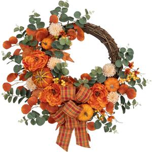 24" Artificial Fall Half Wreath for Front Door Autumn Wreath with Pumpkin Peony Eucalyptus Chrysanthemum and Ribbon for Halloween Thanksgiving Day Indoor Outdoor Farmhouse Window Wall Décor