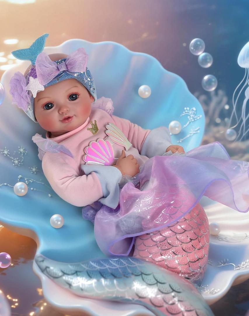 BABESIDE Mermaid Baby Doll Girl, 15-Inch Realistic Soft Baby Dolls with Shiny Mermaid Tail & Accessories, Cute Mermaid Toys for Girls Ages 3+ Kids, Christmas, Birthday