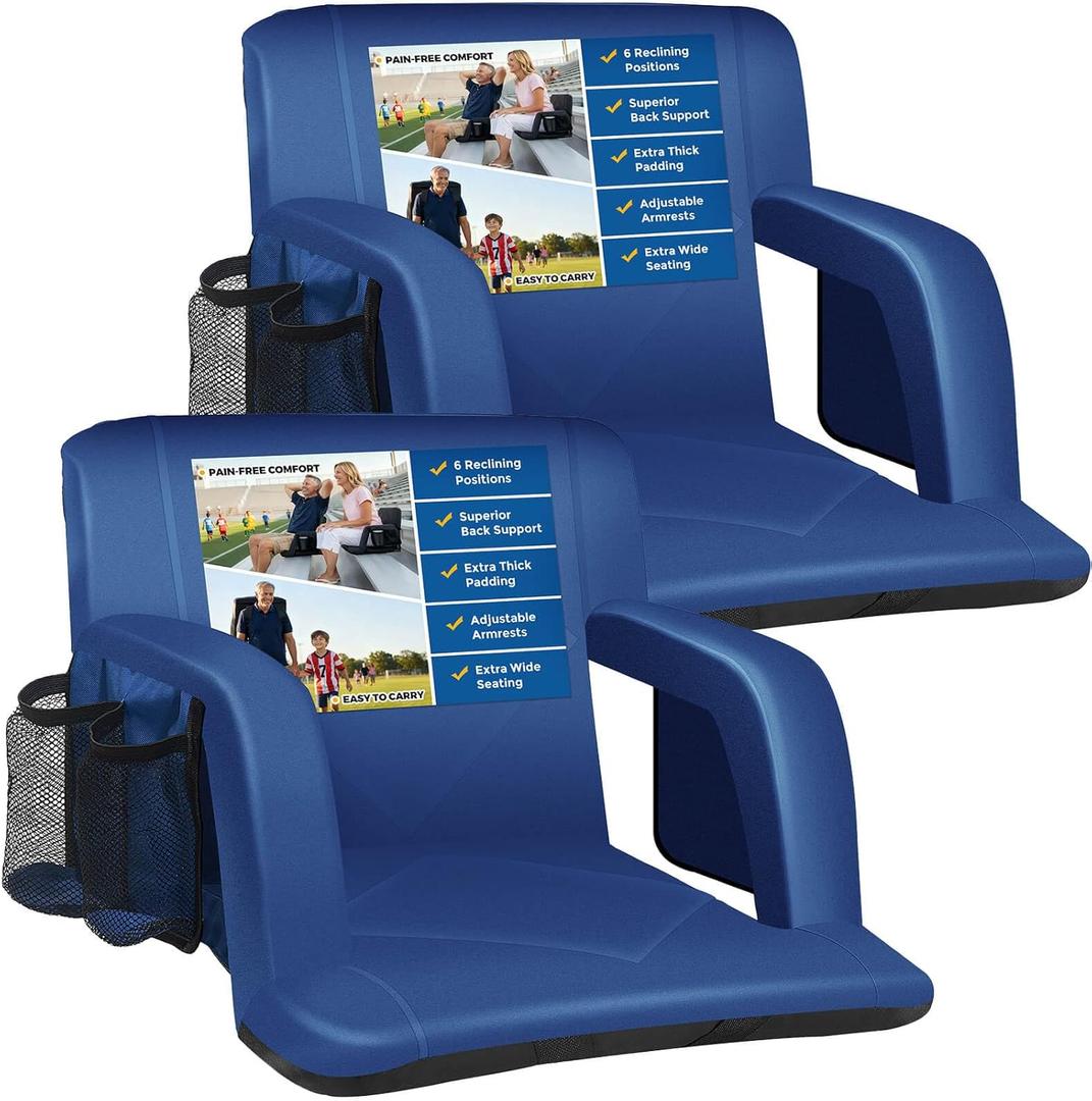 Sheenive Stadium Seat with Back Support Padded Bleacher Chairs with Back and Cushion, Portable Folding Bleacher Seat with Armrest, 6 Reclining Positions, Large Stadium Seat with Cup Holders & Pockets (20.5" Wide, Blue, 2 Pack)