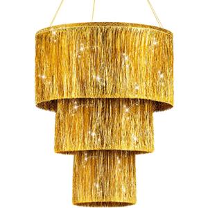 Rossesay 1 Piece Gold 3 Tier Fringe Tinsel Chandelier Fringe Chandelier Decoration Birthday Bachelorette Party Decoration Iridescent Foil Shimmering for Graduation Prom Party Decor 2026