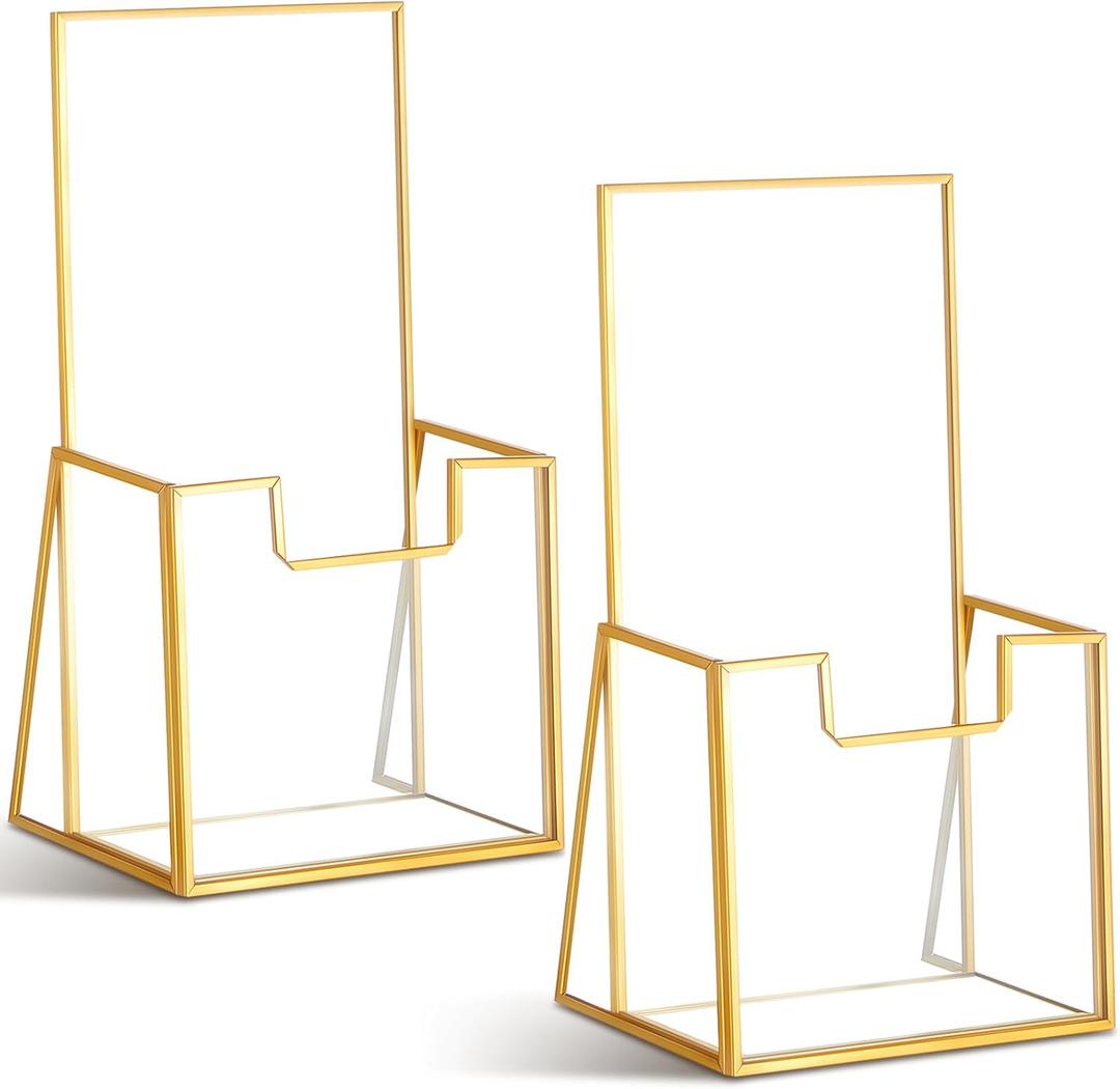 2 Pcs Gold Glass Brochure Holder Stand 4 Inch Countertop Clear Literature Trifold Pamphlet Holder Flyer Brochure Display Stand for Magazine, Booklets, Menu, Journals