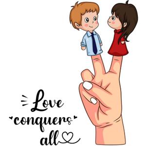 Cute Quote Wall Decal Love Conquers All Love Conquers All with Cute Loving Couple Size: 27 Inch X 30 Inch