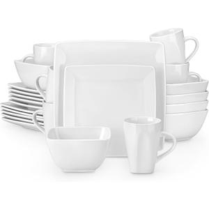vancasso Soho Dinnerware Sets 24 Pieces, White Stoneware Square Place Setting, Dinner Plate, Dessert Plate, Cups and Plates Sets for Kitchen, Dish Set for 6, White