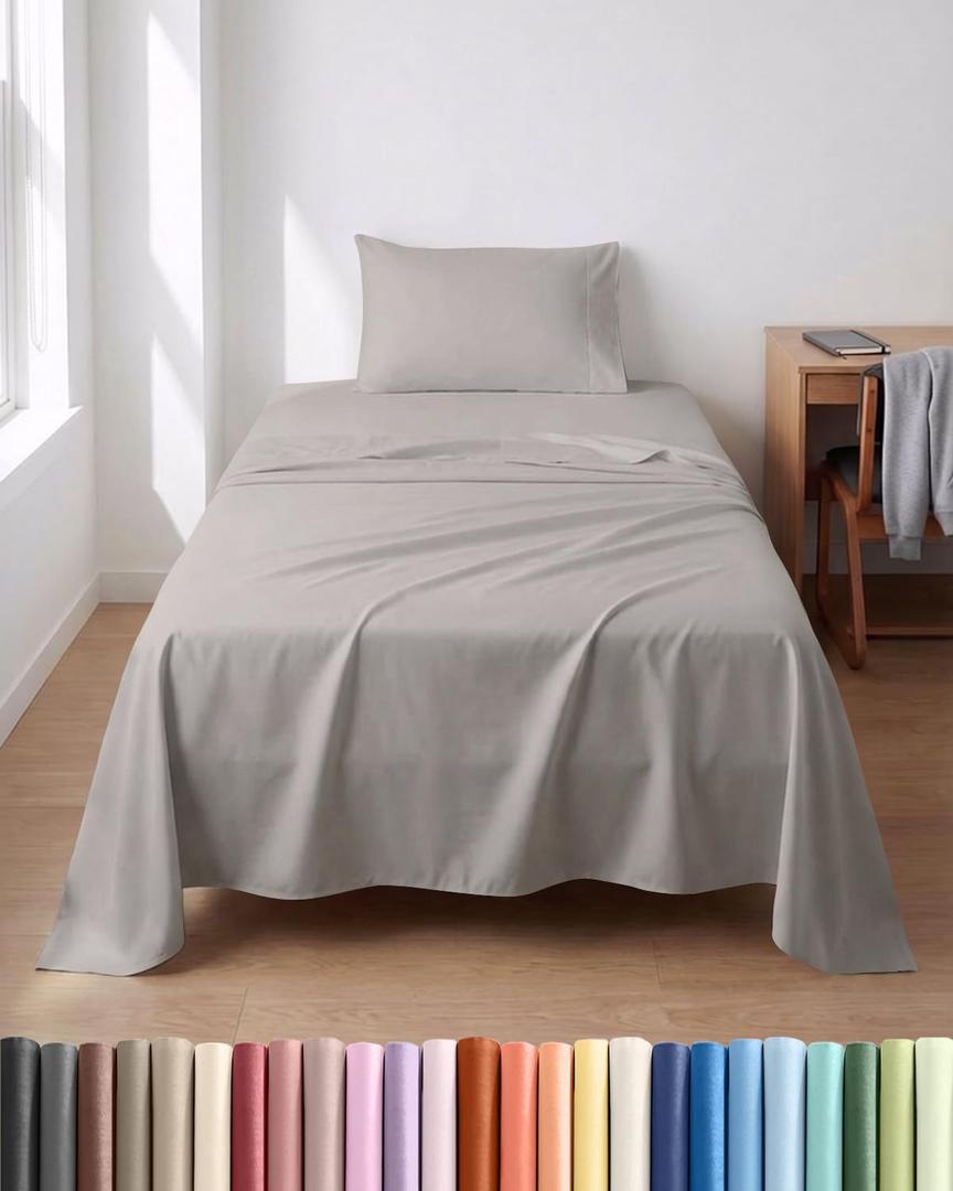 Lightweight 3 Piece Bed Sheet Set Twin Size - Cooling Sheets for Hot Sleepers - Soft Breathable Bedding Set w/ 8-16 Inch Deep Pockets - 1 Flat, 1 Fitted & 1 Pillowcase - Wrinkle Resistant - Light Grey
