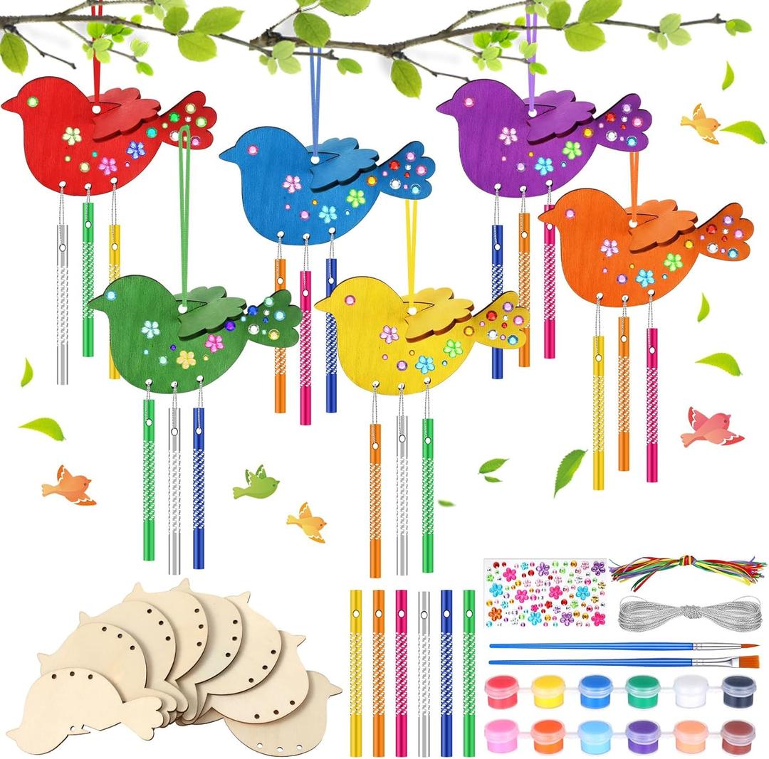 Epakh 16 Set DIY 3D Bird Wind Chime Craft Kits Make Your Own Quetzals Wooden Wind Chime Ornament Summer Arts and Crafts Paint Kits for Spring Vbs Decoration