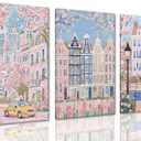 XLARTMY Watercolor City Landscape Travel Wall Art Canvas Framed Pink Cherry Flower Poster Girly Prints Painting Pictures Set of 3 for Bedroom Living Room Office 16x24in