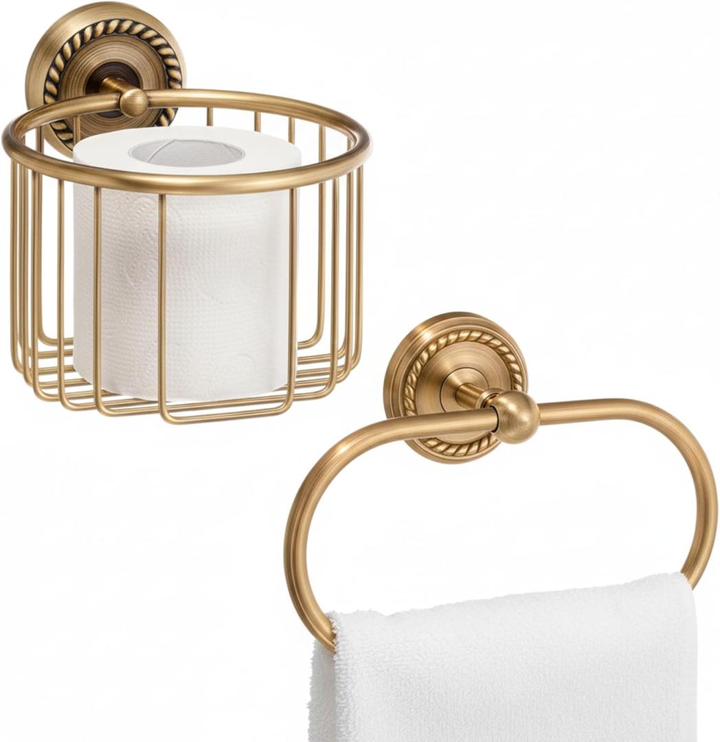 Lounsweer 2 Pcs Antique Brass Toilet Paper Holder, Brass Towel Ring Gold Bathroom Accessories Set Wall Mount Vintage Gold Tissue Roll Holder for Washroom Storage