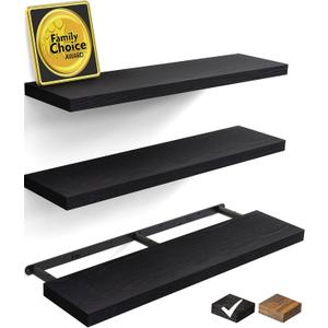 BAYKA Floating Shelves for Wall, 36 inches Wall Mounted Rustic Wood Shelves for Bathroom, Bedroom, Living Room, for Books/Storage/Decor with 22lbs Capacity, Black, Set of 3