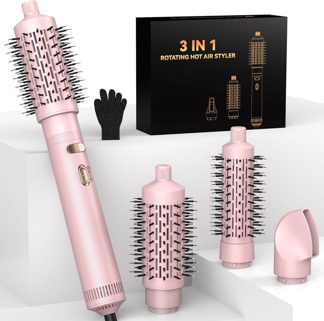 4 in 1 Rotating Hair Dryer Brush Spinning with Detachable Brush(2" & 1.5"),Negative Ionic Brush Blow Dryer 100-120V,3 Heats and 2 Speeds Rotating Hot Air Brush for Curling,Straight,Drying