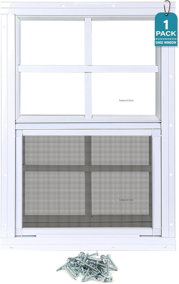 Melkus Shed Windows 1 Piece 12"x18" Flush Mount Household Windows with Tempered Glass and Screen, Sliding Windows for Chicken Coop, Shed, Garage, Playhouse, Barn,Greenhouse, White