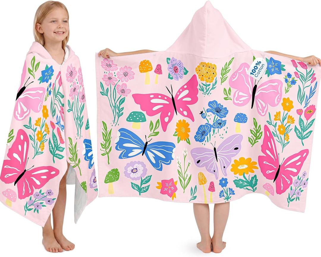 Kids Hooded Beach Towel, 100% Cotton Super Soft and Absorbent Bath Towel, 50" x 30" Large Size with 2 Snap Buttons for Ages 3-10, Cozy Cover Up for Pool, Beach, and Bath Time (Butterfly Garden)