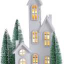White Christmas Village Set with LED, Wooden Xmas Tabletop Decor, Mini Winter Town Display, Christmas Table Centerpieces for Indoor Decoration, for Mantel Desktop Shelf Fireplace (Style C)