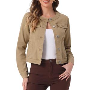 Allegra K Women's Denim Jacket Collarless Round Neck Button Down Long Sleeve Jean Jackets (Brown, S)