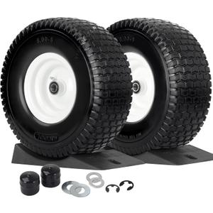 15x6.00-6 Flat Free Lawn Mower Tire and Wheel, Comes with Tire Saver Ramp, 15x6-6nhs Riding Mowers Lawn Tire and Wheel with 3/4" Bearing, 3" Centered Hub, 2 Pack
