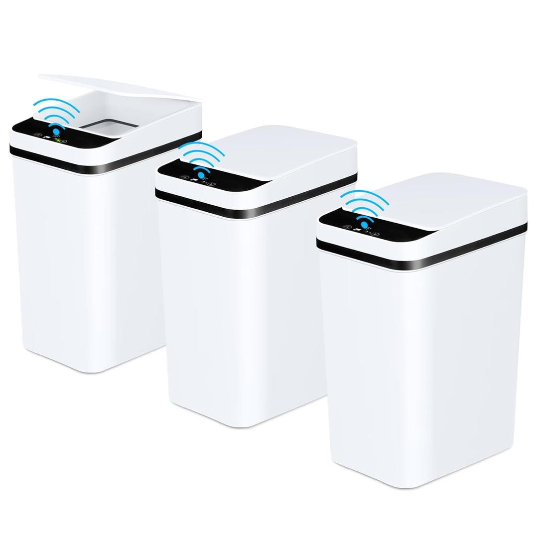 Bathroom Automatic Trash Can 3 Pack 2.2 Gallon Motion Sensor Touchless Small Slim Garbage Can with Lid Smart Electric Narrow Garbage Bin for Bedroom Living Room Office Kitchen (White)