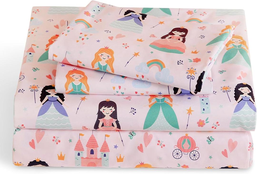 LONAVA Full Sheet Set Kids - 4 Pieces Soft Microfiber Cartoon Style Bedsheets for Boys Girls Teens, Oeko TEX, Breathable Deep Pocket Sheets, (Princess)
