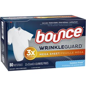 Bounce WrinkleGuard Mega Dryer Sheets, Fabric Softener and Wrinkle Releaser Sheets, Outdoor Fresh Scent, 80 Count Bounce WrinkleGuard Mega Dryer Sheets, Fabric Softener and Wrinkle Releaser Sheets, Outdoor Fresh Scent, 80 Count